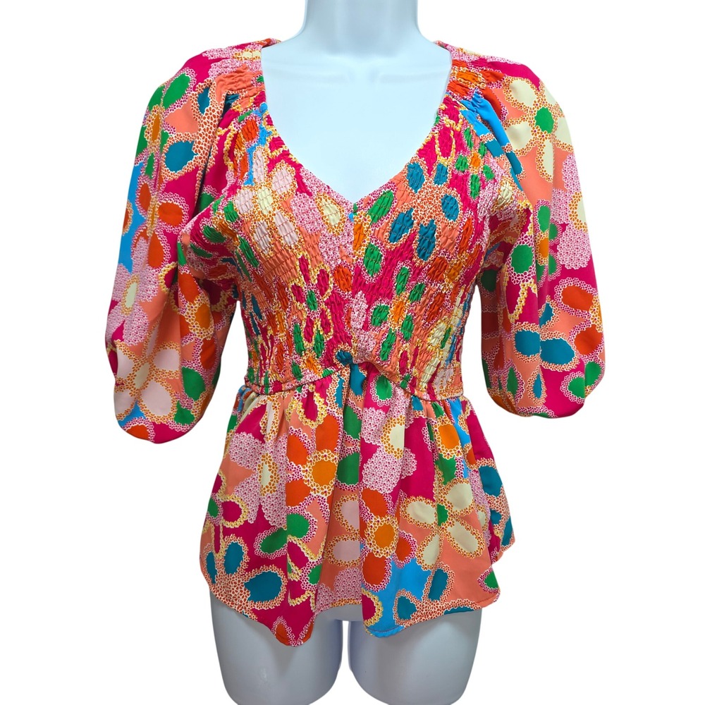 Y2K Vibrant Floral Smocked Peplum Top Womens M Puff Sleeve Vneck Multicolor